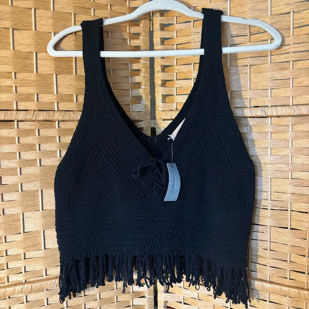 NWT Anthropologie Pilcro Black Fringe Sweater Tank Crochet Top Petite Medium